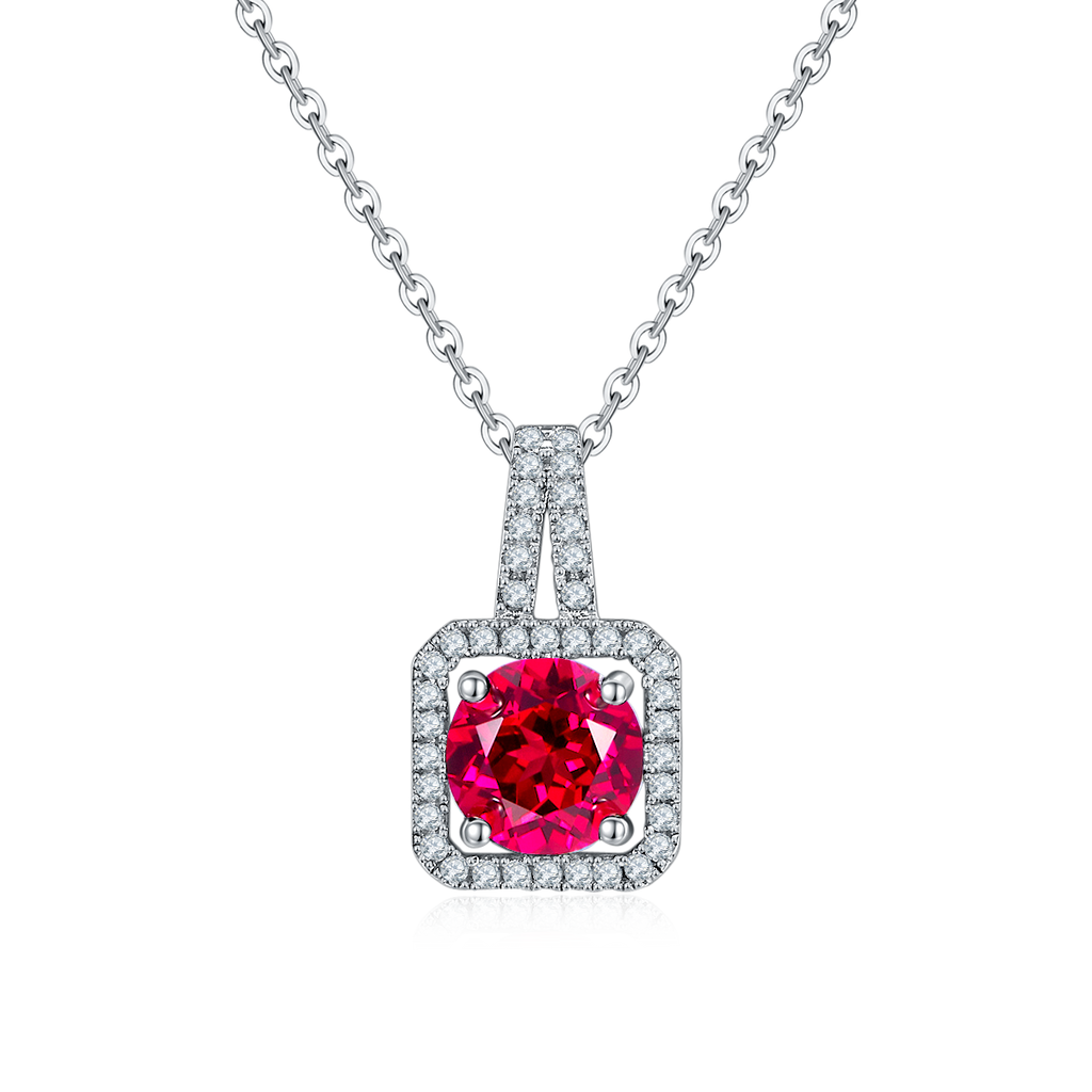 Cushion-Cut Ruby Halo Pendant Necklace in 925 Sterling Silver