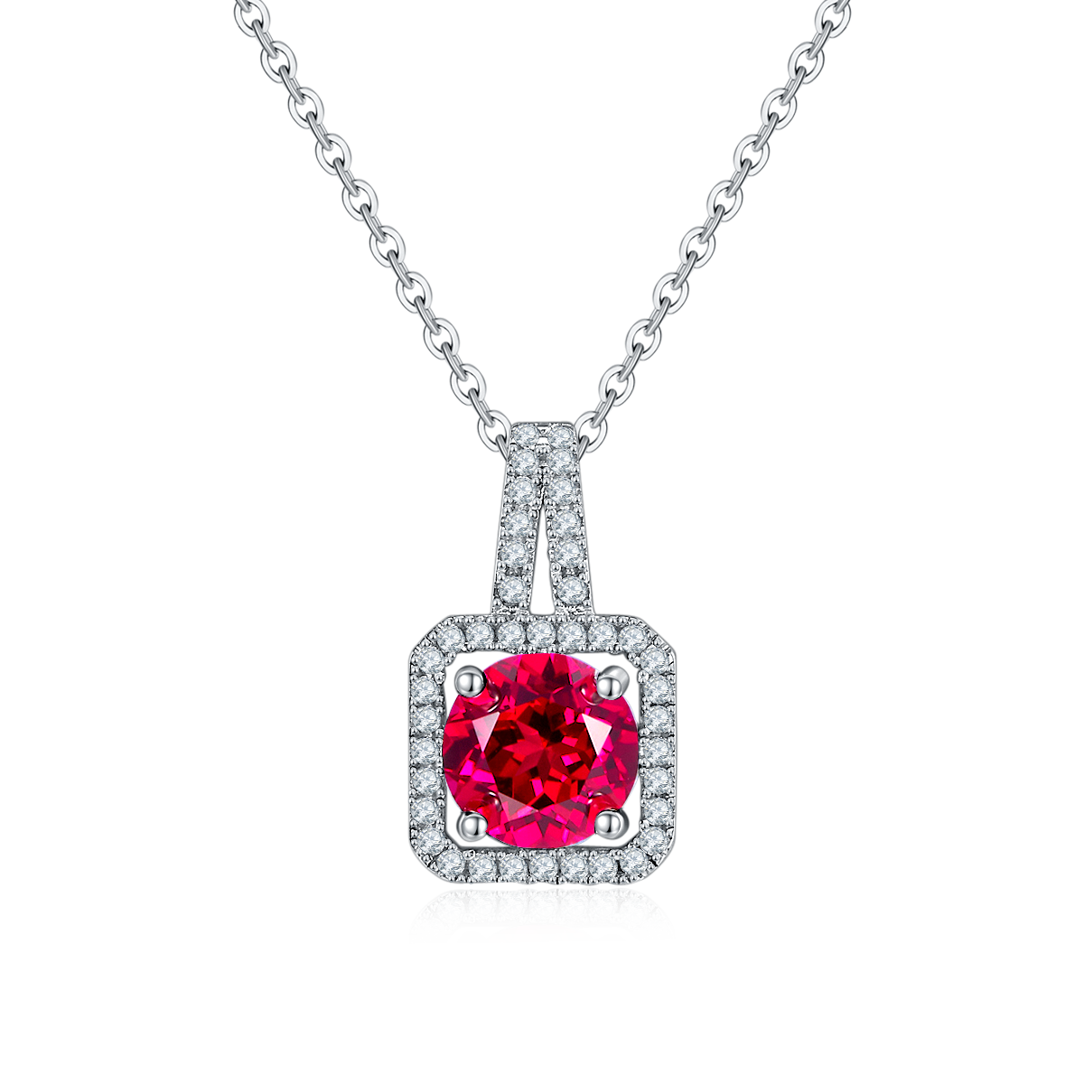 Cushion-Cut Ruby Halo Pendant Necklace in 925 Sterling Silver