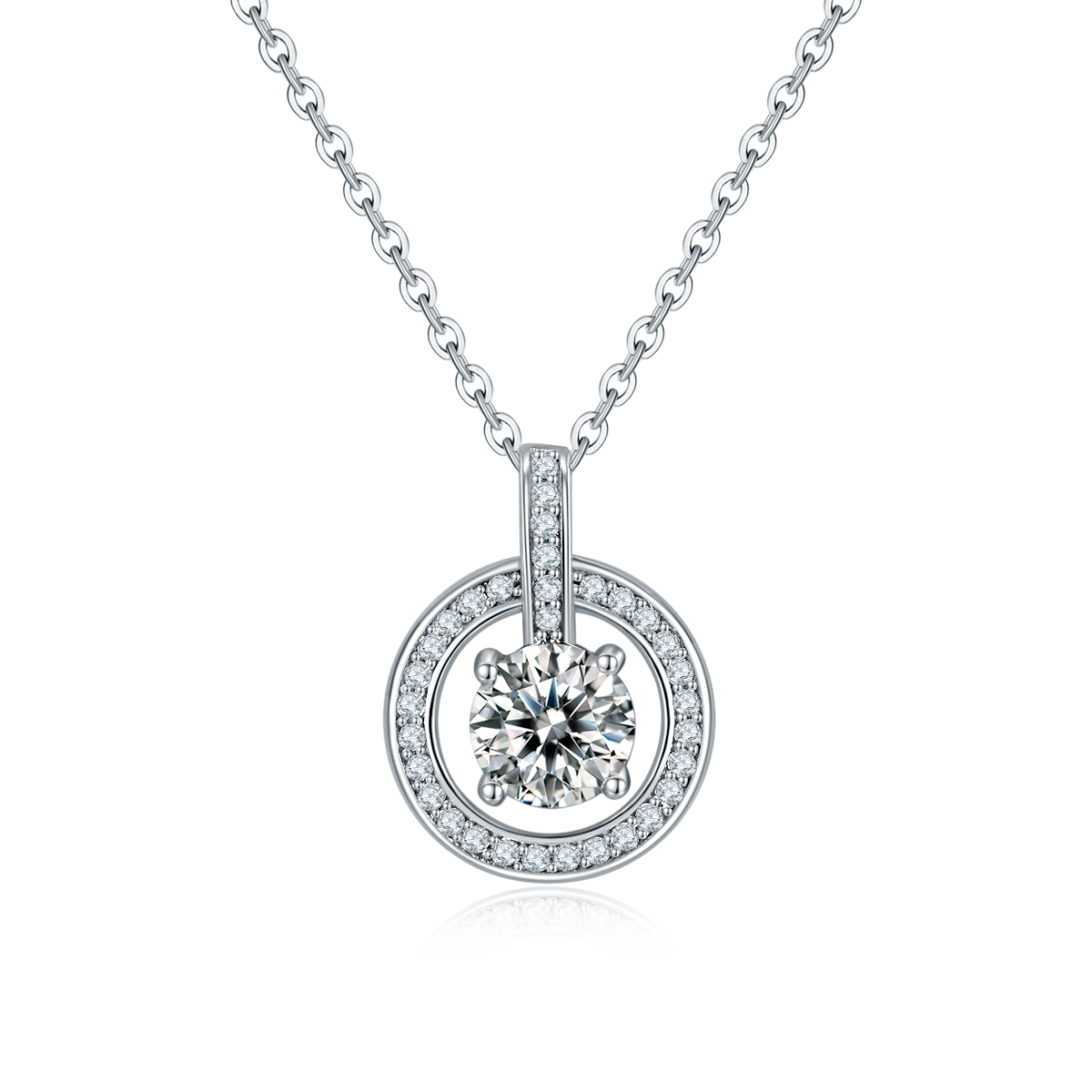Round-Cut Moissanite Open Circle Halo Pendant Necklace in 925 Sterling Silver