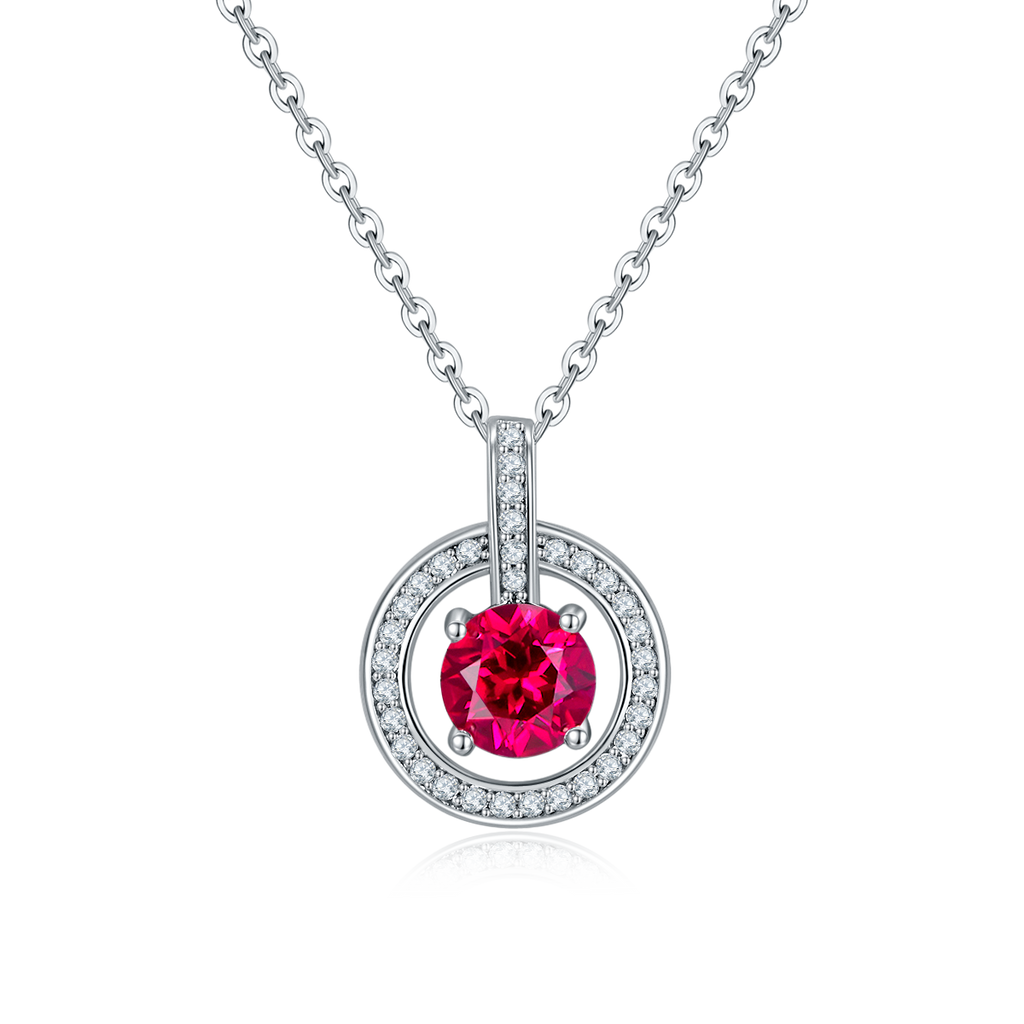 Round-Cut Lab Ruby Double Halo Circle Pendant Necklace in 925 Sterling Silver