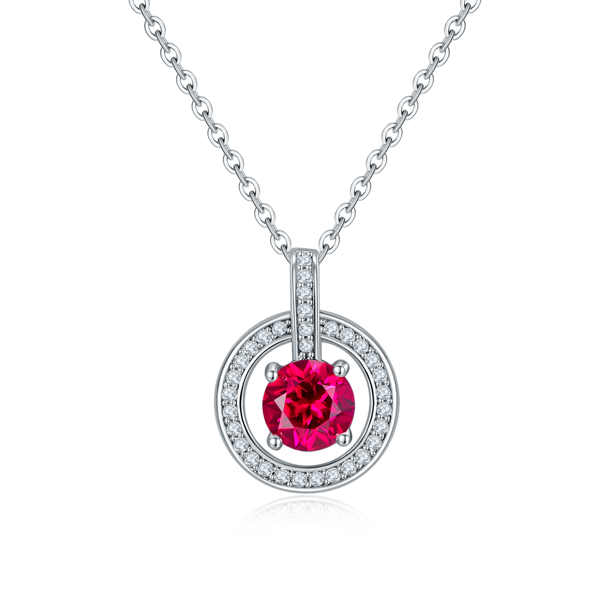 Round-Cut Lab Ruby Double Halo Circle Pendant Necklace in 925 Sterling Silver