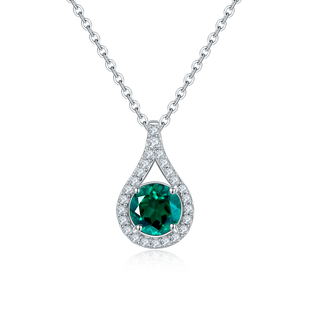 Lab-Created Emerald Teardrop Halo Pendant Necklace in 925 Sterling Silver