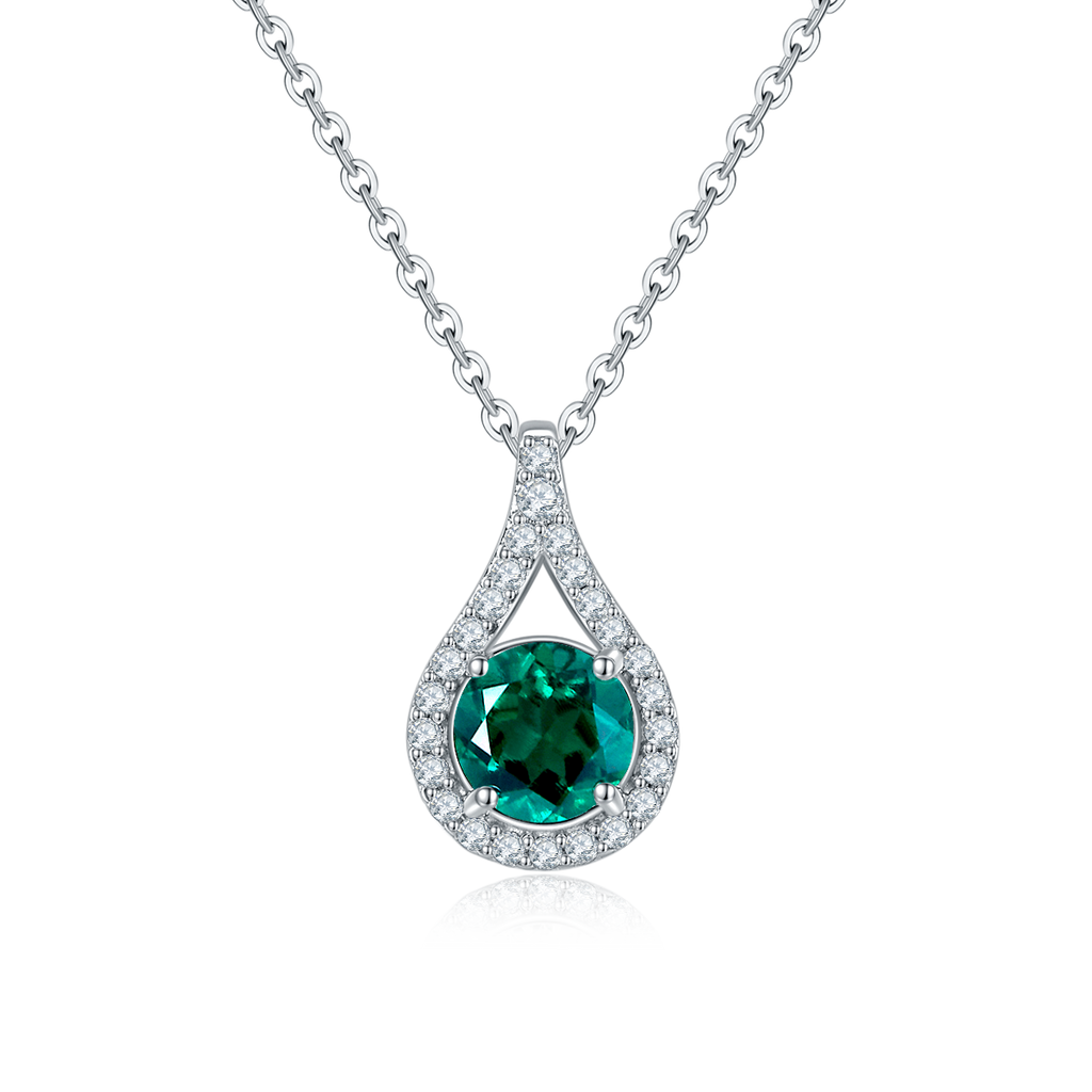 Lab-Created Emerald Teardrop Halo Pendant Necklace in 925 Sterling Silver