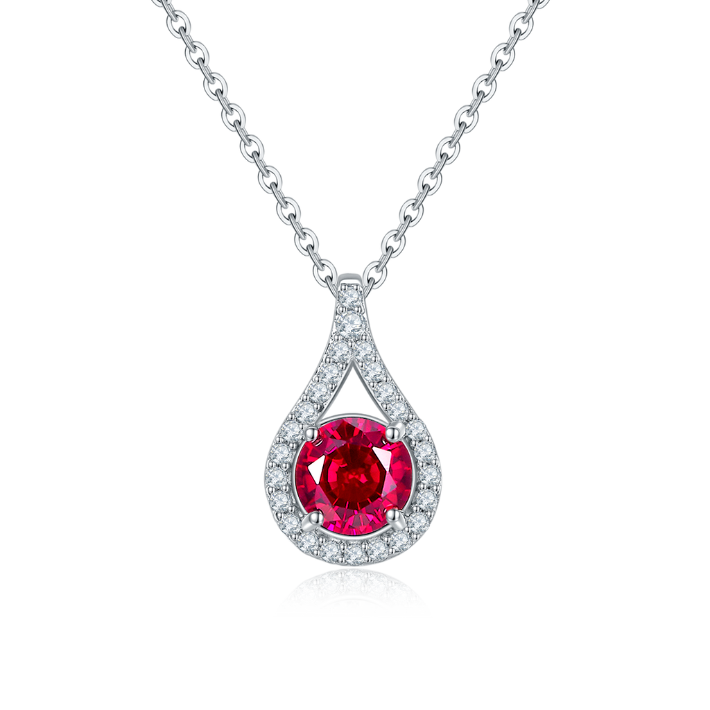 Round-Cut Ruby Teardrop Halo Pendant Necklace in 925 Sterling Silver