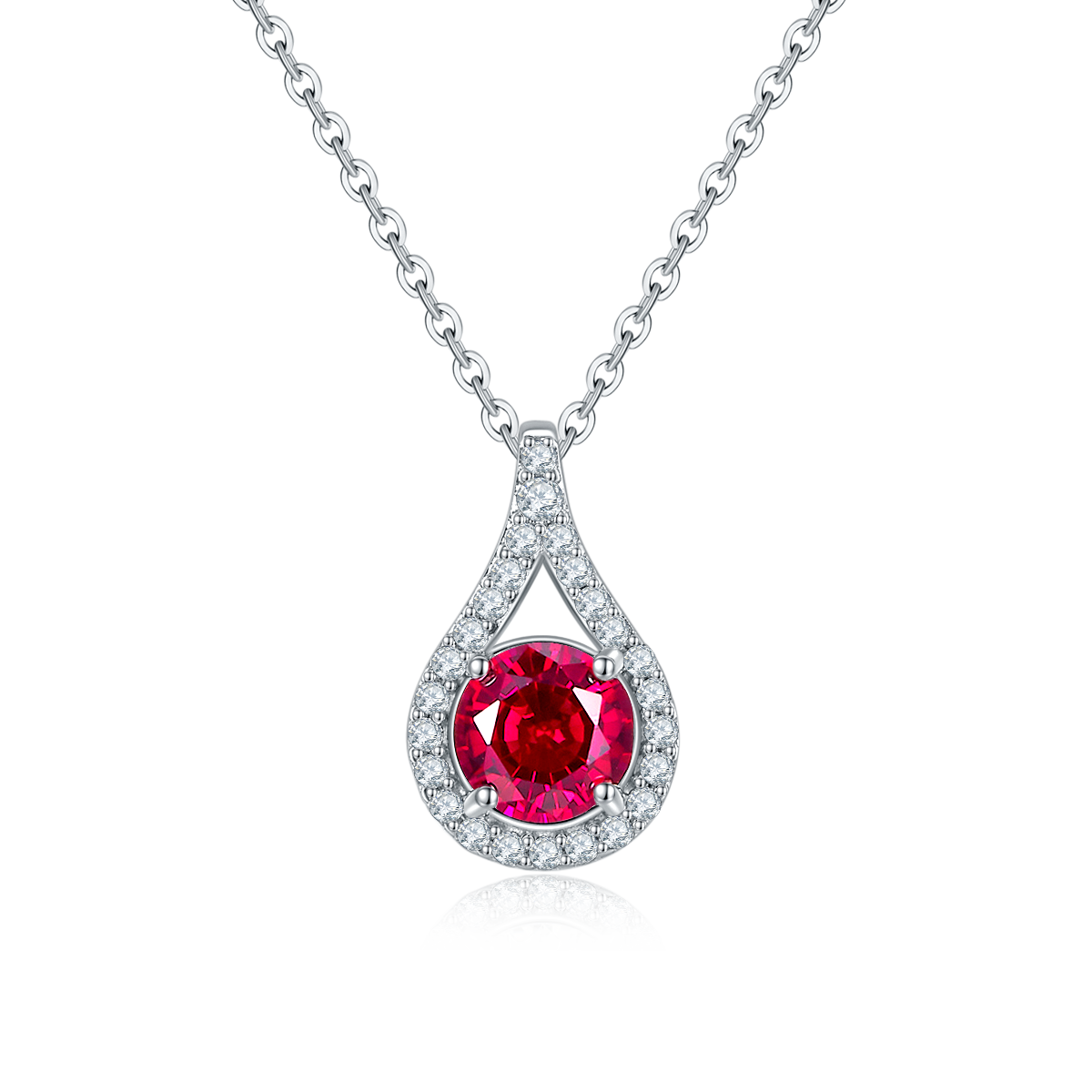 Round-Cut Ruby Teardrop Halo Pendant Necklace in 925 Sterling Silver
