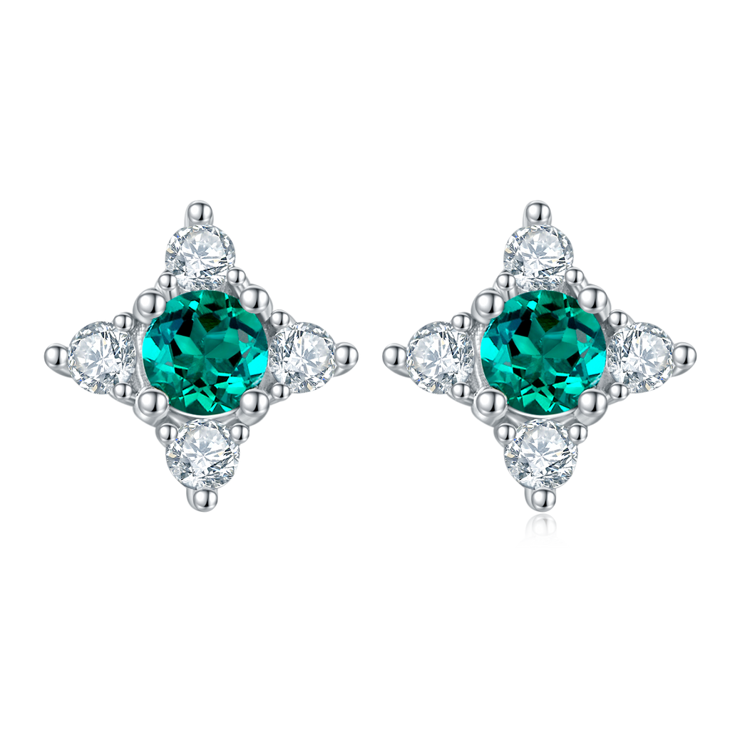 Lab Emerald Round-Cut Floral Cluster Stud Earrings in 925 Sterling Silver
