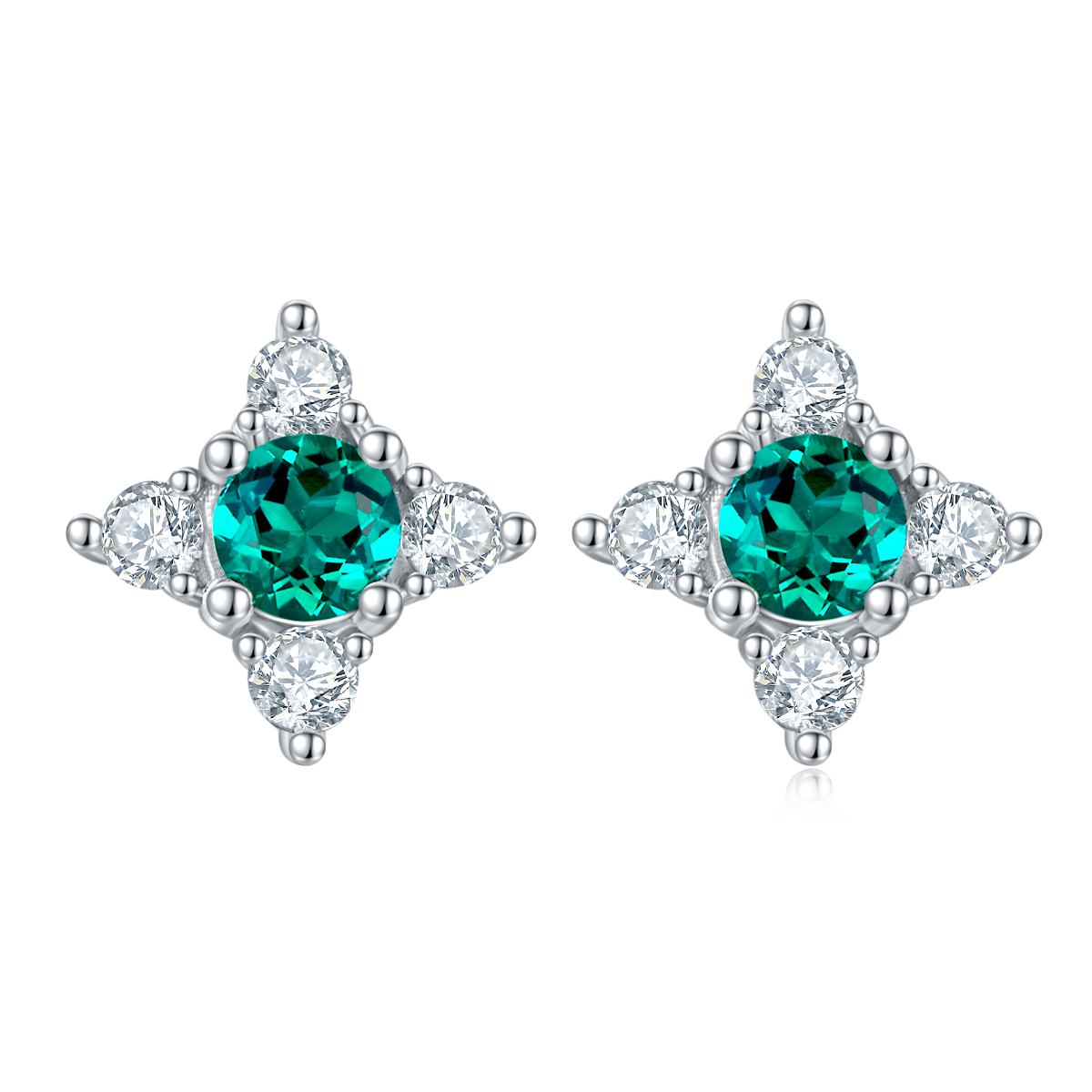 Lab Emerald Round-Cut Floral Cluster Stud Earrings in 925 Sterling Silver