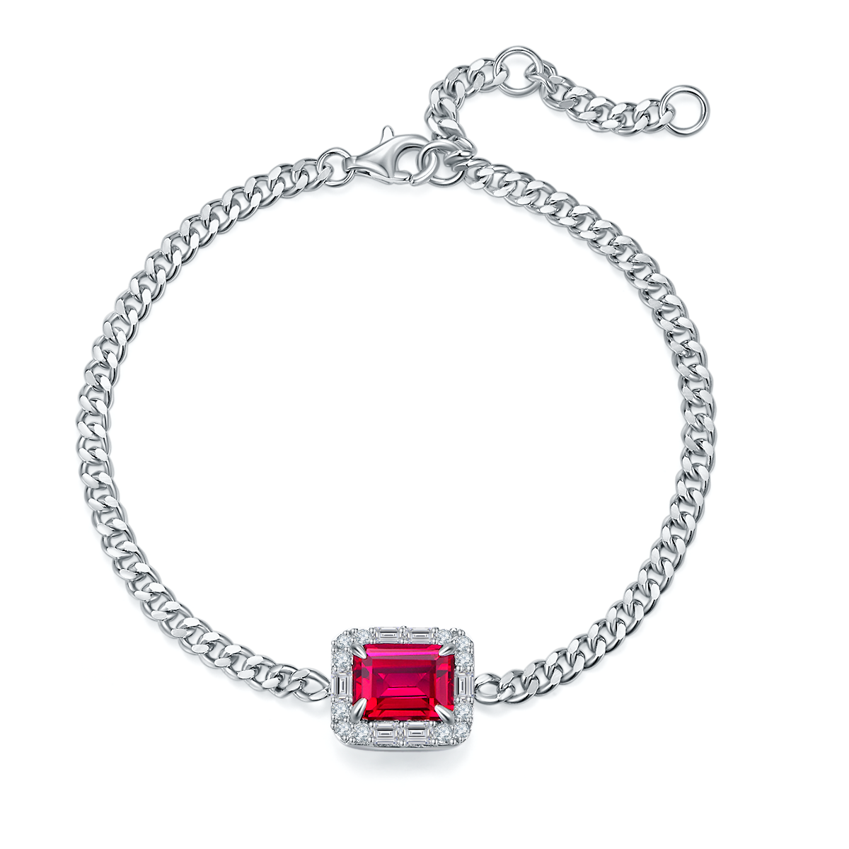 Emerald-Cut Lab Ruby Halo Chain Bracelet in 925 Sterling Silver