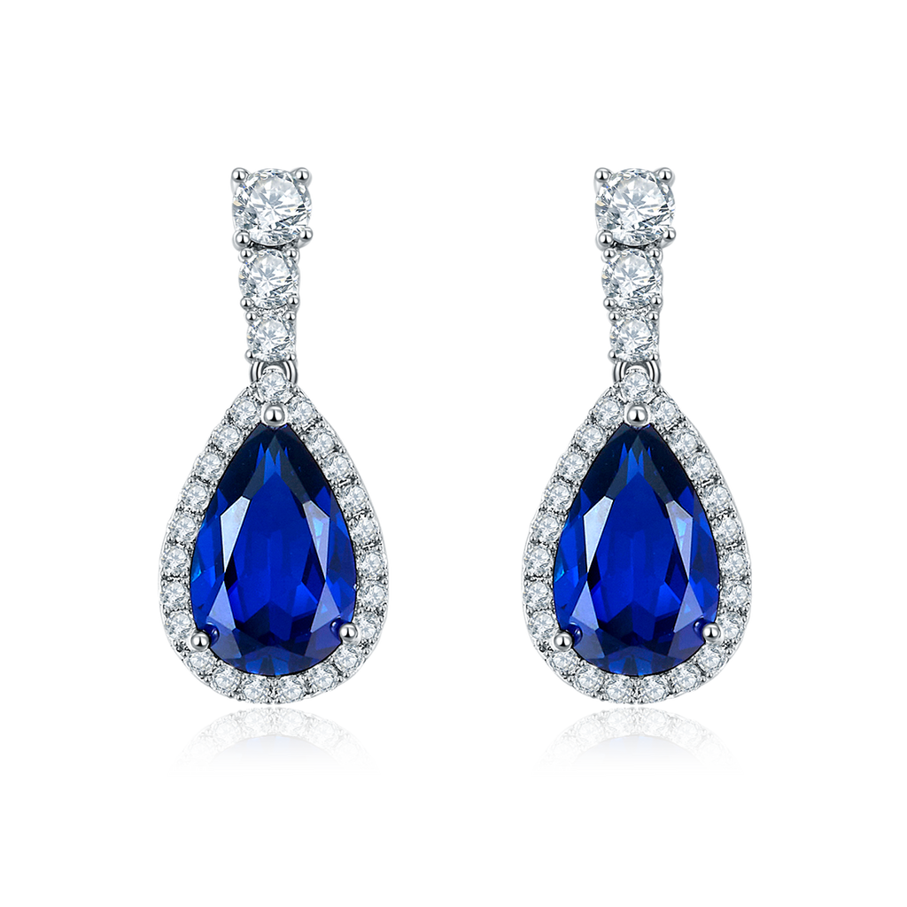 Pear-Cut Lab-Created Gemstone Halo Drop Earrings in 925 Sterling Silver