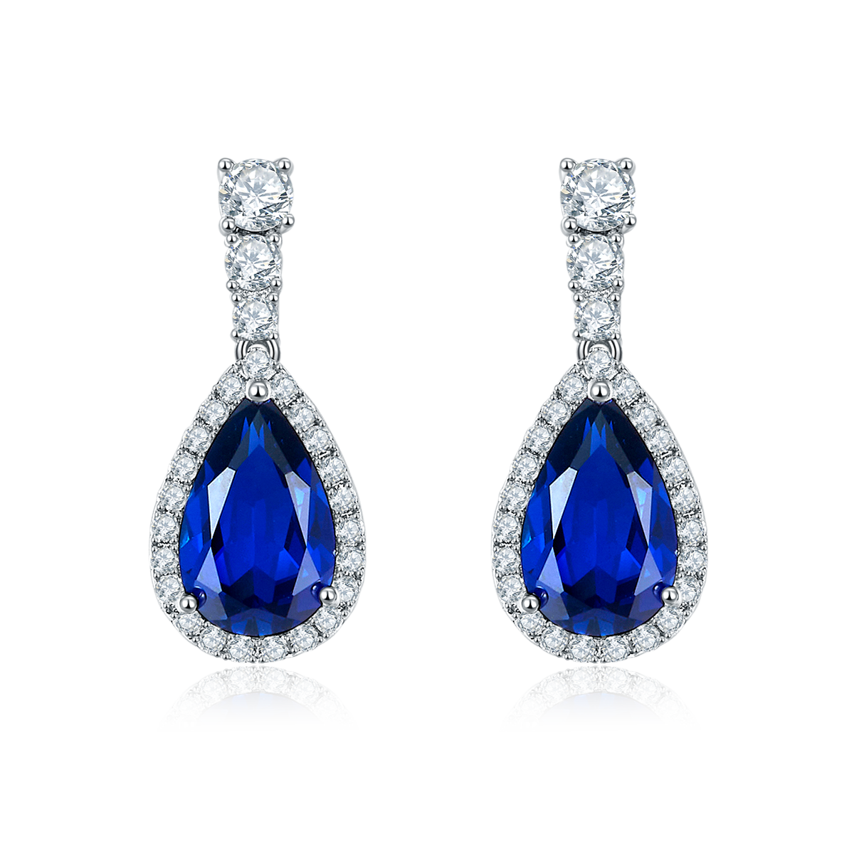 Pear-Cut Lab-Created Gemstone Halo Drop Earrings in 925 Sterling Silver