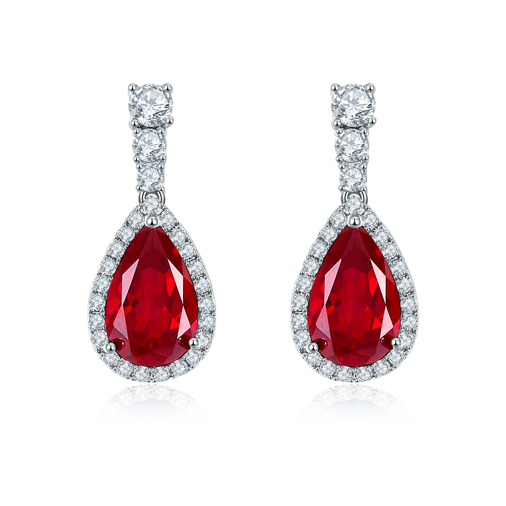 Pear-Cut Lab-Created Gemstone Halo Drop Earrings in 925 Sterling Silver