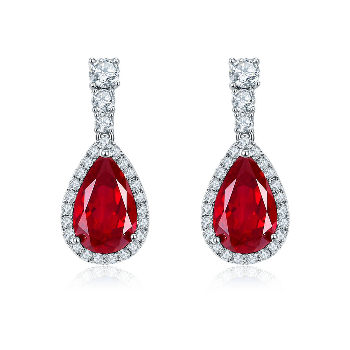 Pear-Cut Lab-Created Gemstone Halo Drop Earrings in 925 Sterling Silver