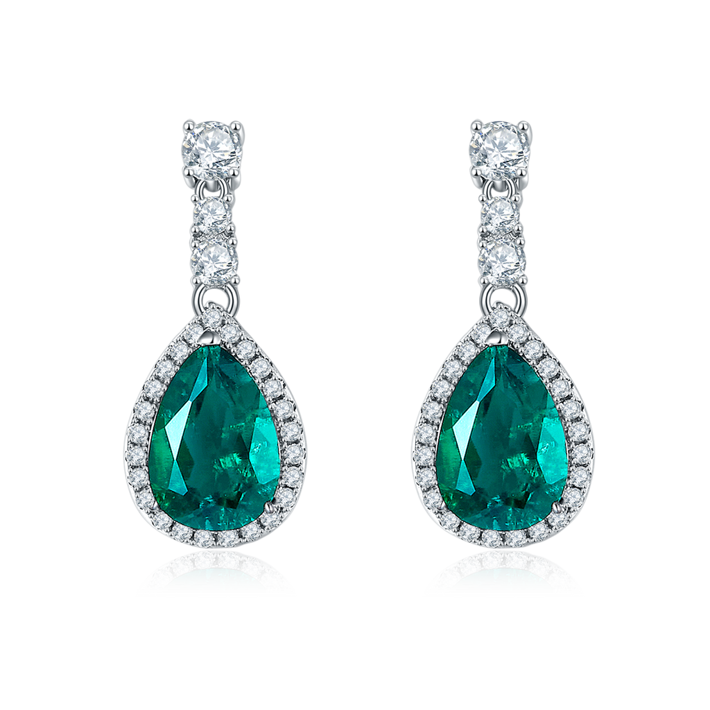 Pear-Cut Lab-Created Gemstone Halo Drop Earrings in 925 Sterling Silver