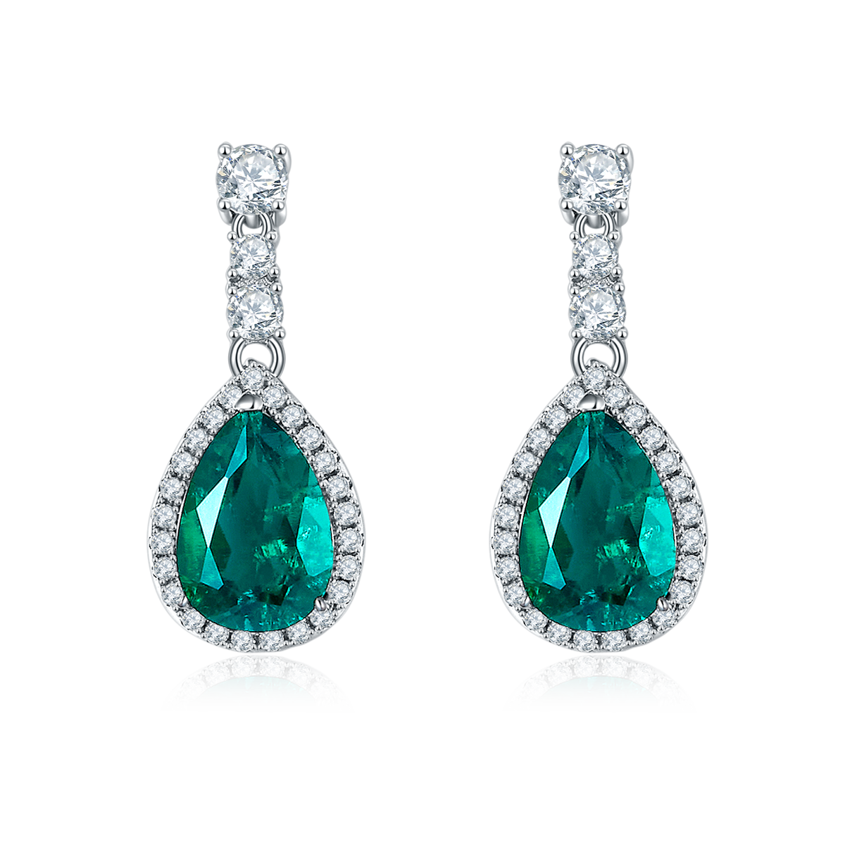 Pear-Cut Lab-Created Gemstone Halo Drop Earrings in 925 Sterling Silver