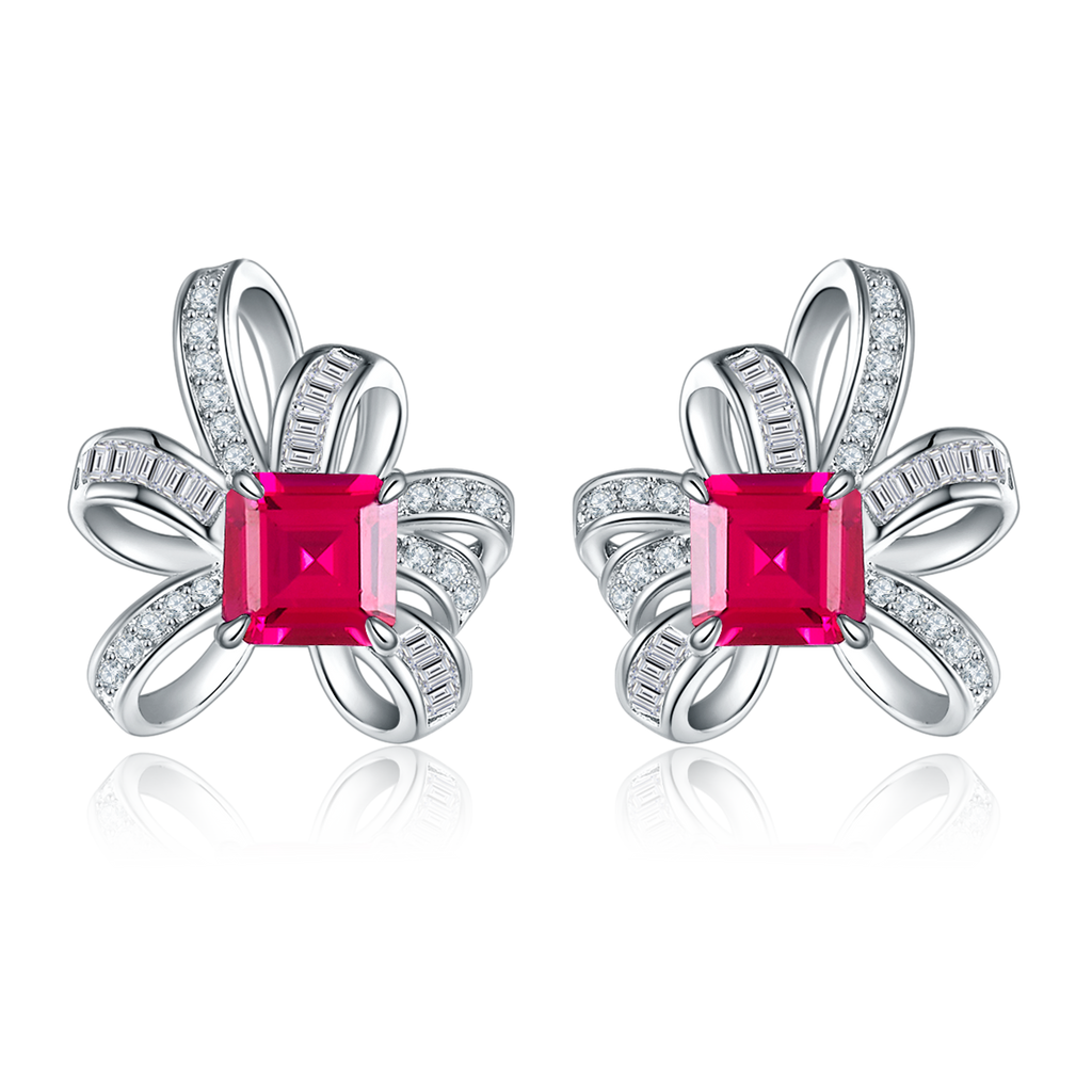 Emerald-Cut Moissanite Floral Bow Stud Earrings in 925 Sterling Silver