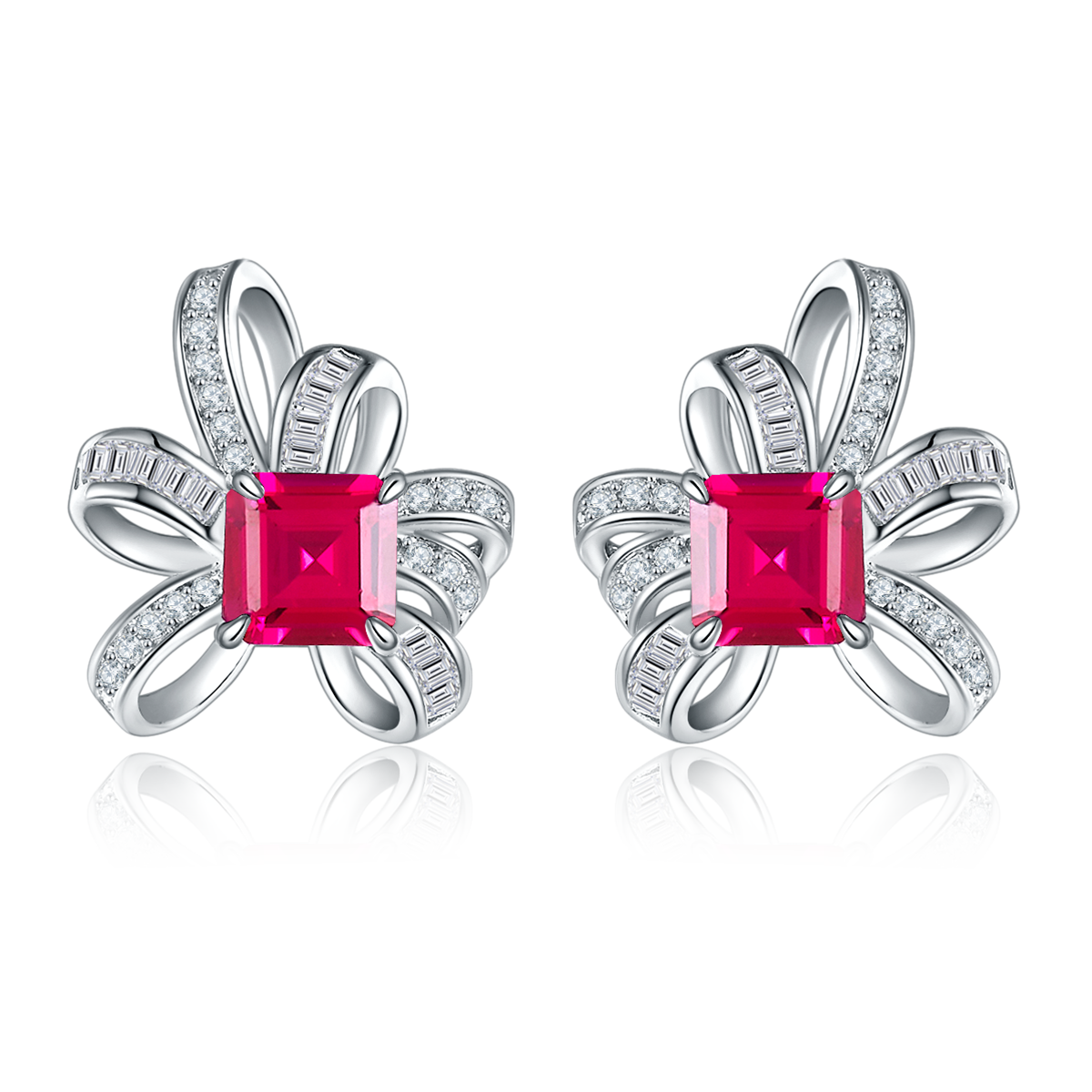 Emerald-Cut Moissanite Floral Bow Stud Earrings in 925 Sterling Silver