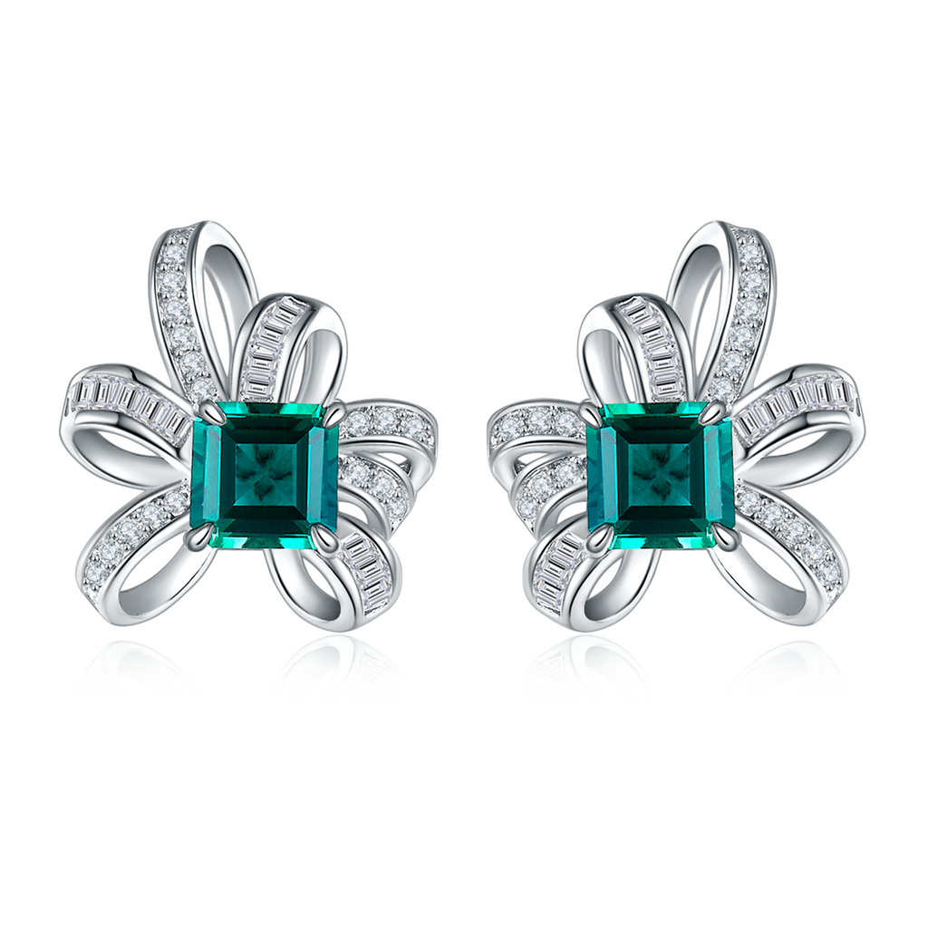 Emerald-Cut Moissanite Floral Bow Stud Earrings in 925 Sterling Silver