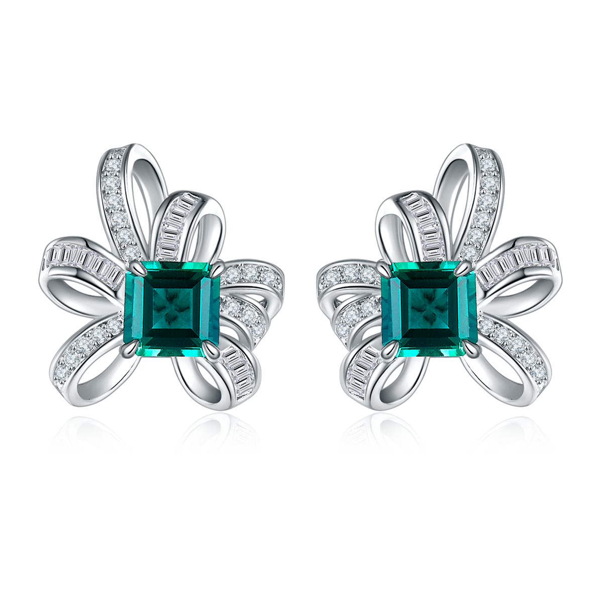 Emerald-Cut Moissanite Floral Bow Stud Earrings in 925 Sterling Silver