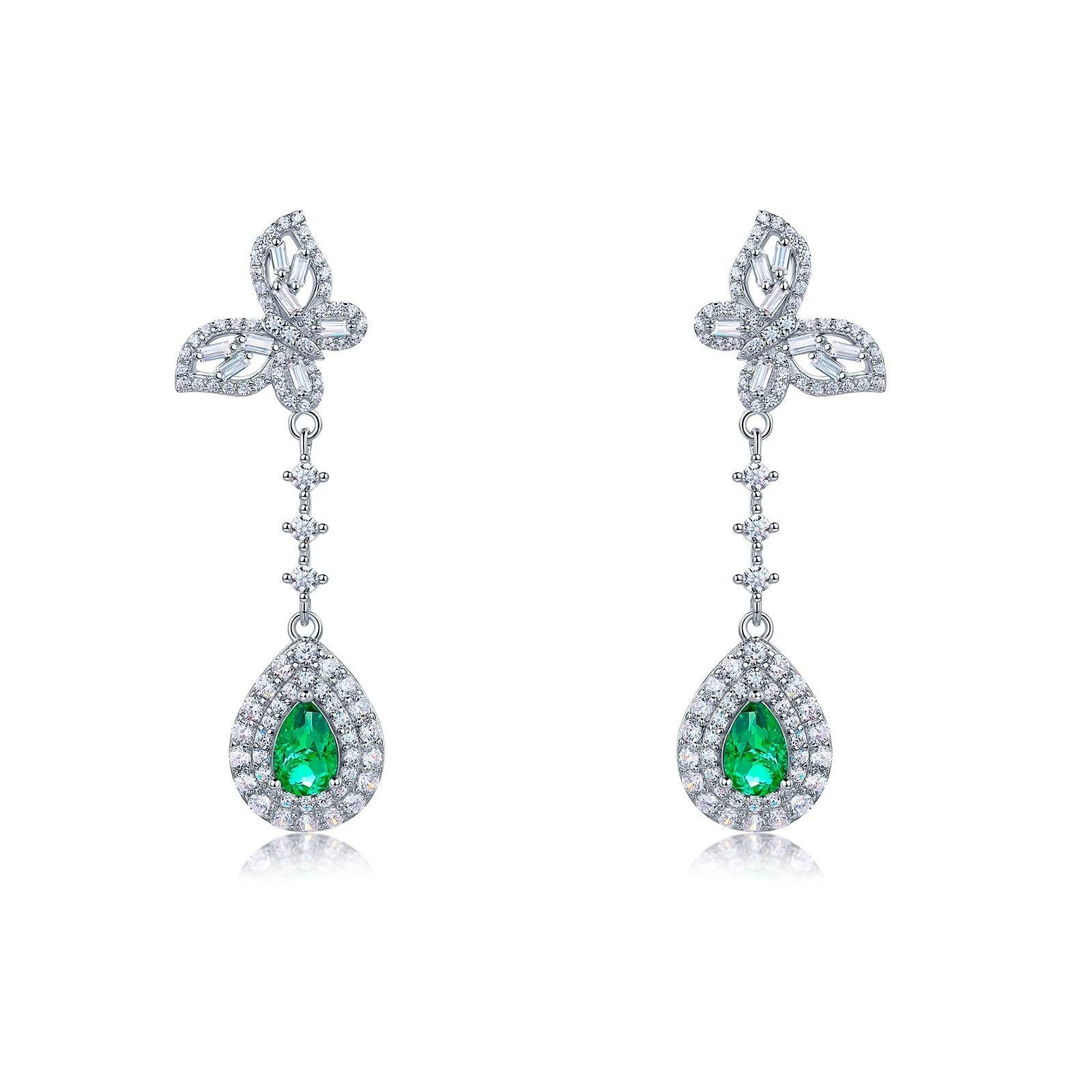 Pear-Cut Lab Emerald Butterfly Halo Drop Earrings in 925 Sterling Silver