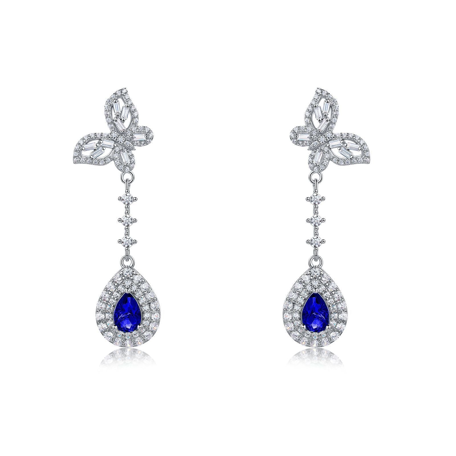 Pear-Cut Lab-Created Sapphire Butterfly Halo Drop Earrings in 925 Sterling Silver