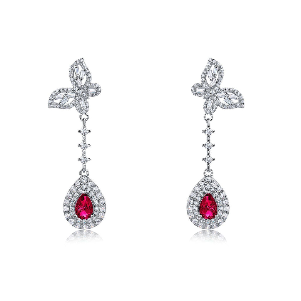 Pear-Cut Lab Ruby Butterfly Halo Drop Earrings in 925 Sterling Silver