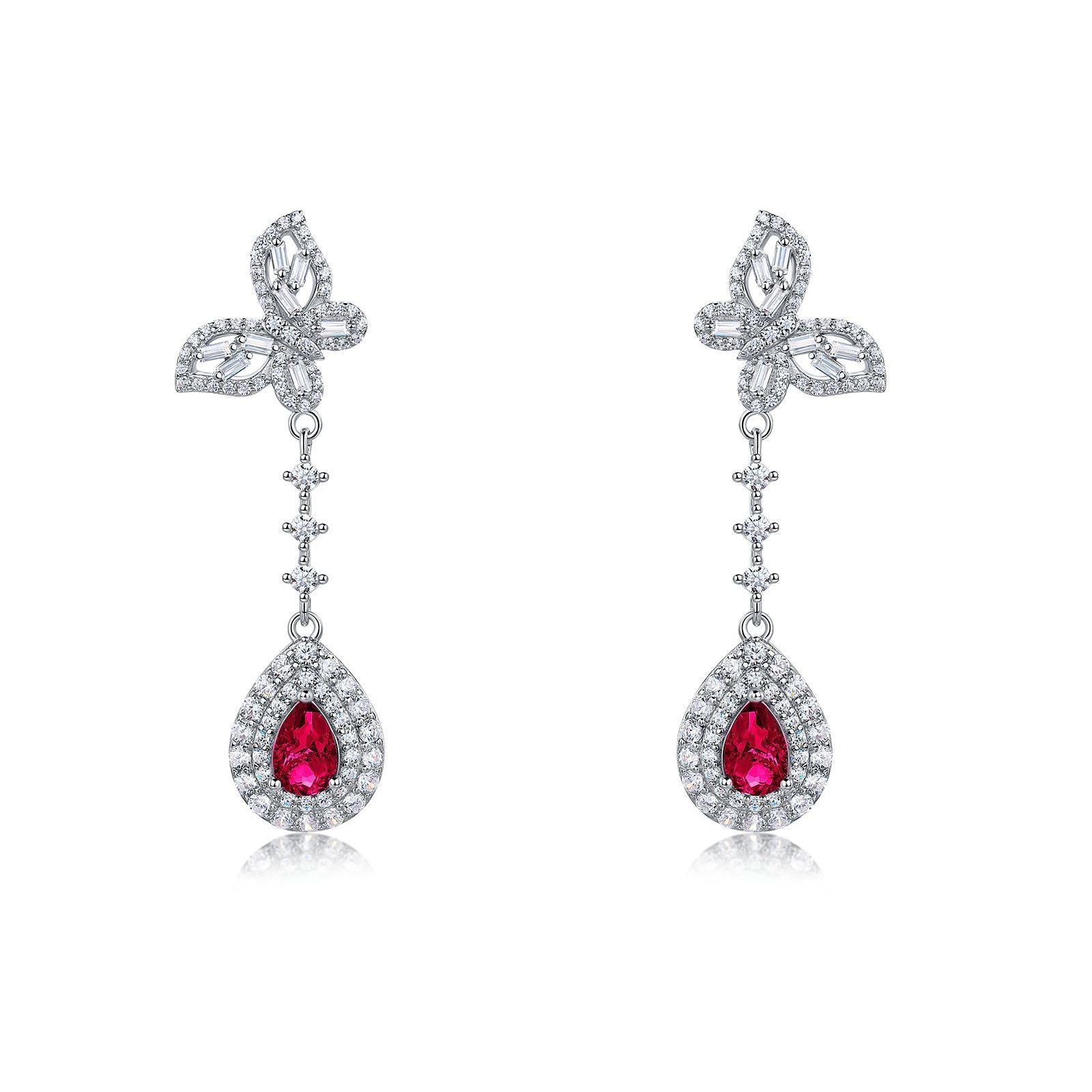 Pear-Cut Lab Ruby Butterfly Halo Drop Earrings in 925 Sterling Silver