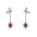 Pear-Cut Lab Ruby Butterfly Halo Drop Earrings in 925 Sterling Silver