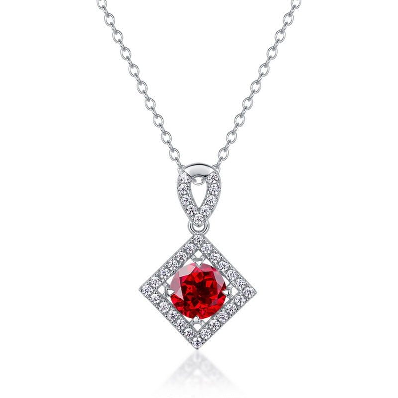 Round-Cut Red Lab-Created Gemstone Geometric Halo Pendant Necklace