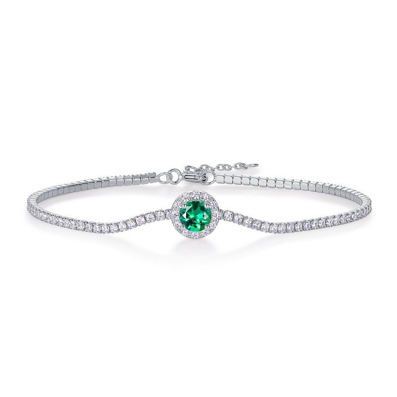 Lab-Created Emerald Round Halo Tennis Bracelet in 925 Sterling Silver