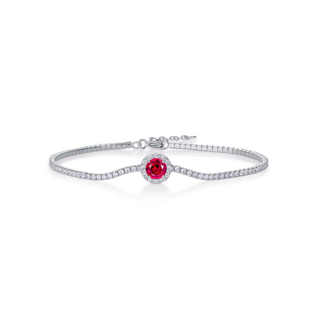 Lab-Created Ruby Round Halo Tennis Bracelet in 925 Sterling Silver