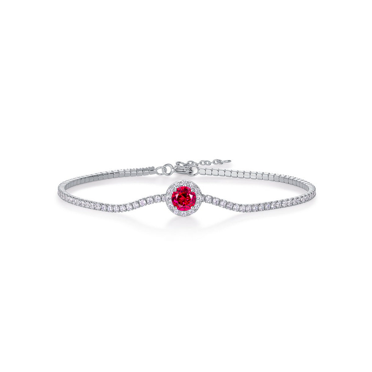 Lab-Created Ruby Round Halo Tennis Bracelet in 925 Sterling Silver