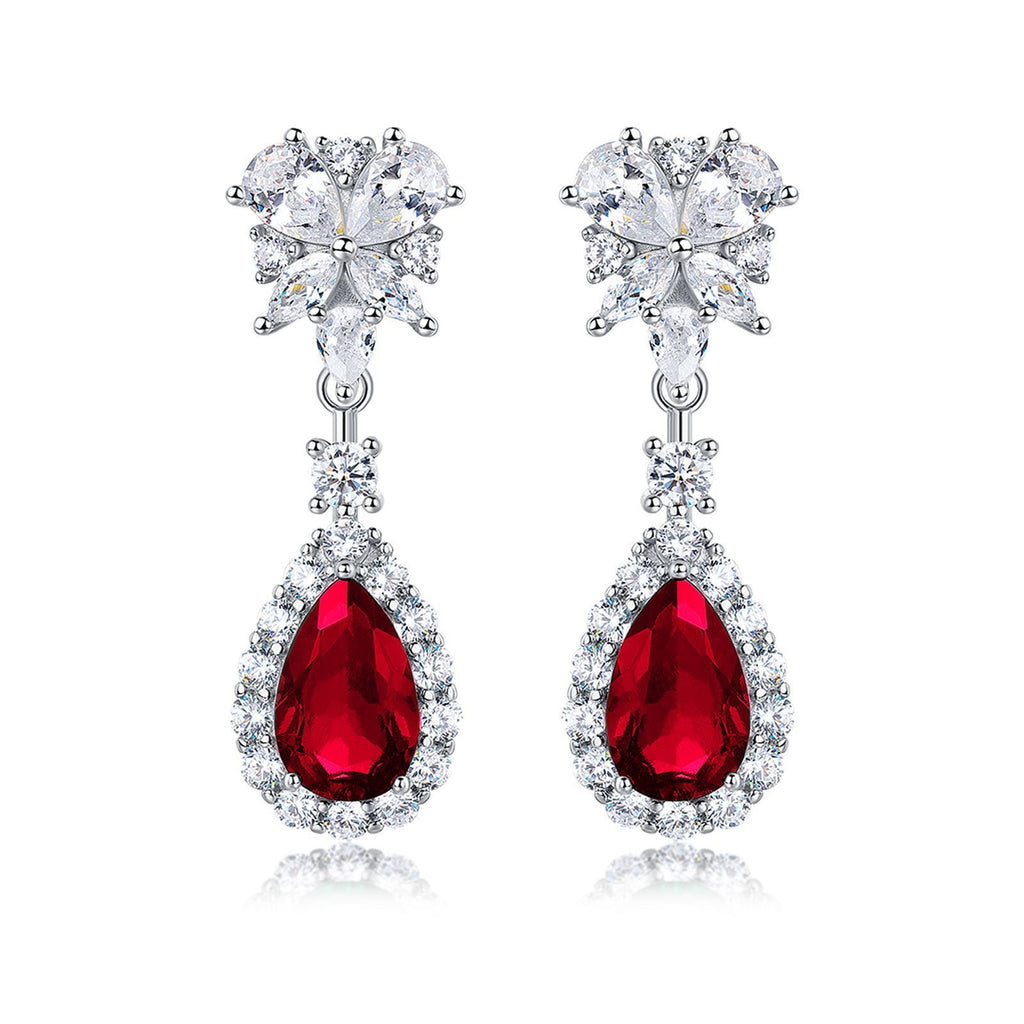 Pear-Cut Lab Ruby Floral Halo Dangle Earrings in 925 Sterling Silver