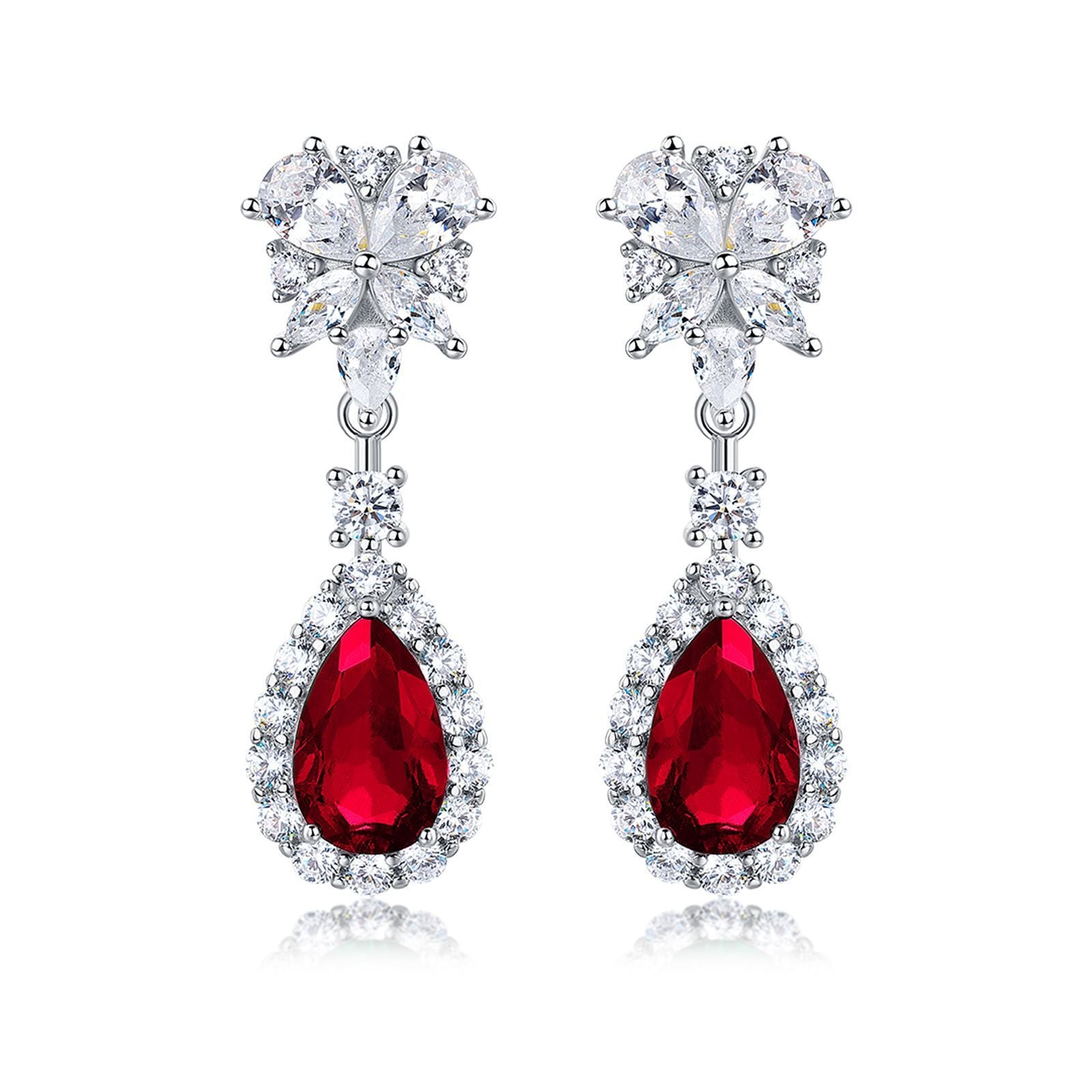 Pear-Cut Lab Ruby Floral Halo Dangle Earrings in 925 Sterling Silver