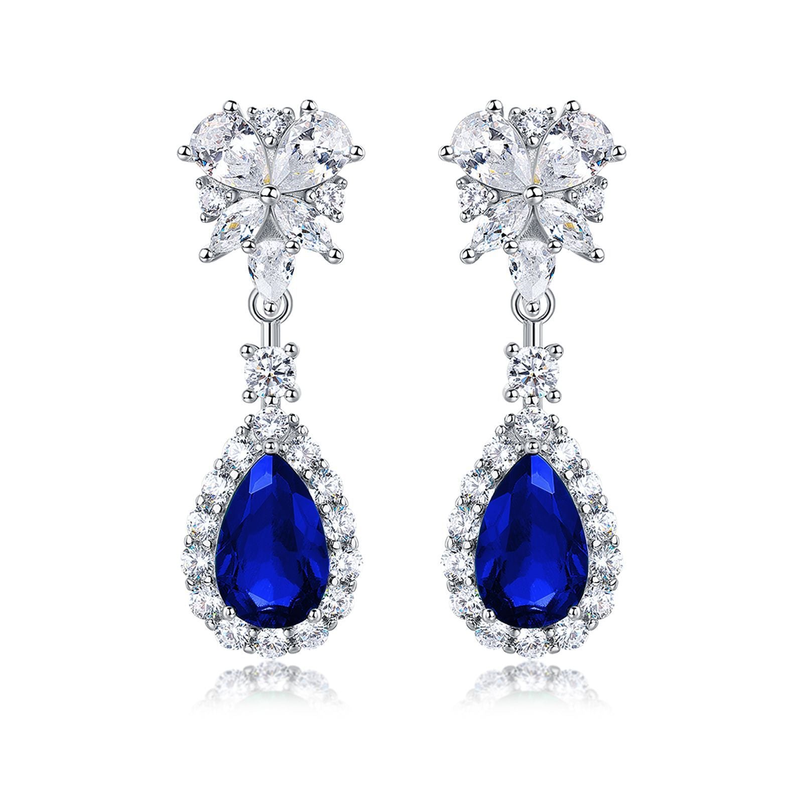 Pear-Cut Blue Sapphire Floral Halo Drop Earrings in 925 Sterling Silver
