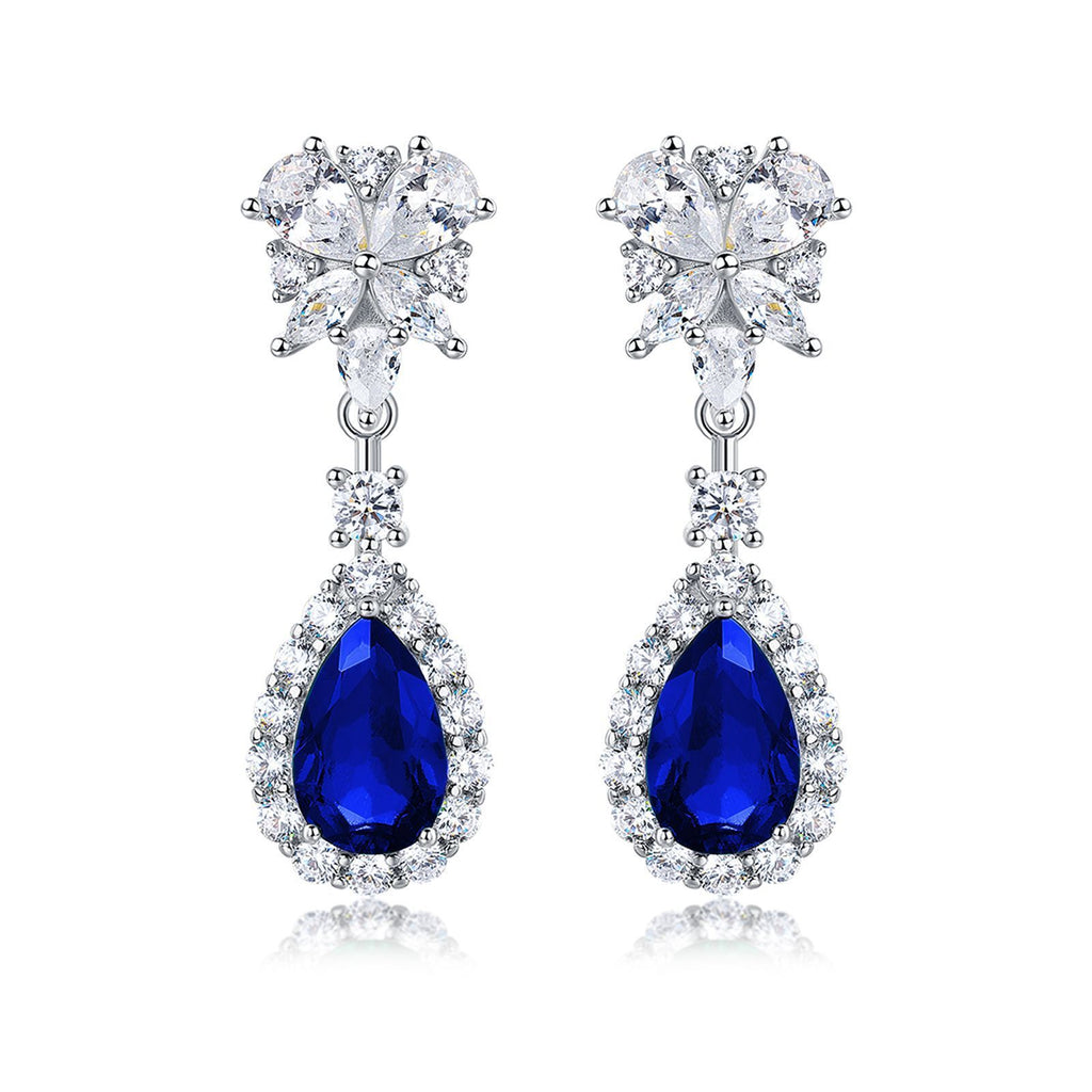 Pear-Cut Blue Sapphire Floral Halo Drop Earrings in 925 Sterling Silver