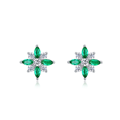 Lab Emerald Marquise-Cut Floral Cluster Stud Earrings in 925 Sterling Silver