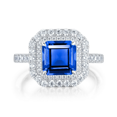 Asscher-Cut Lab Sapphire Double Halo Ring in 925 Sterling Silver