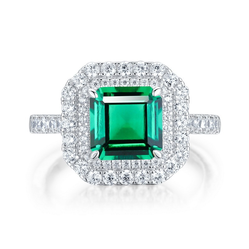 Emerald-Cut Lab Emerald Double Halo Statement Ring in 925 Sterling Silver