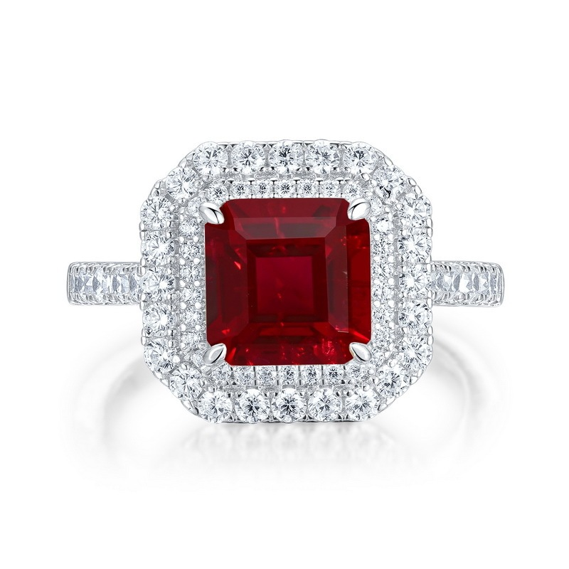 Lab-Grown Ruby Asscher-Cut Double Halo Statement Ring in 925 Sterling Silver