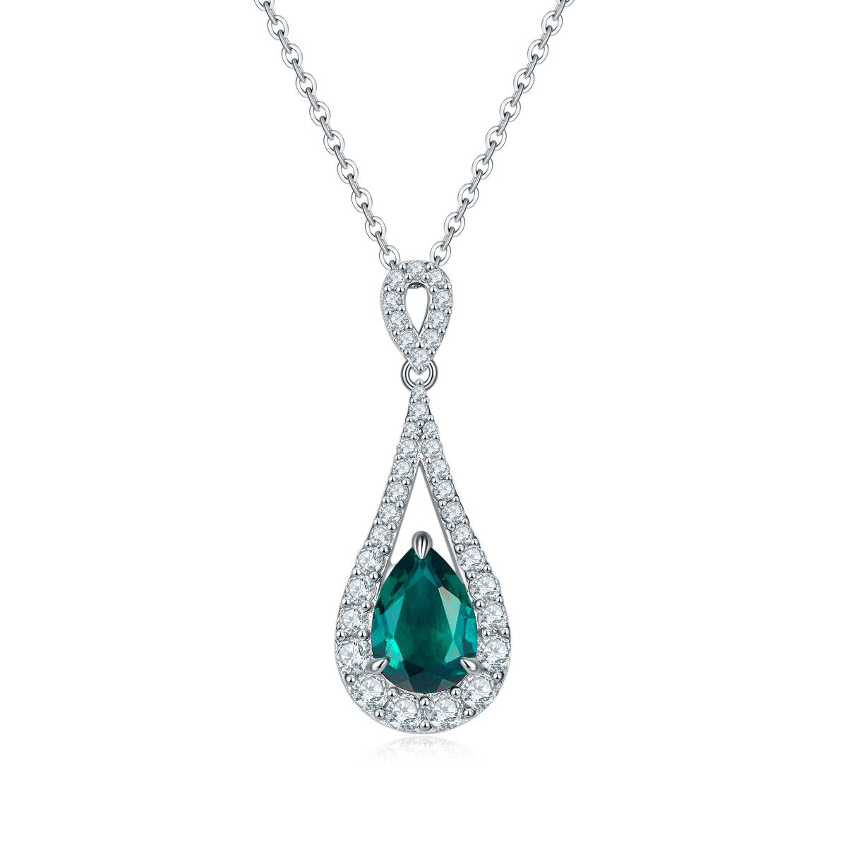 Pear-Cut Lab Gemstone Halo Drop Pendant Necklace in 925 Sterling Silver