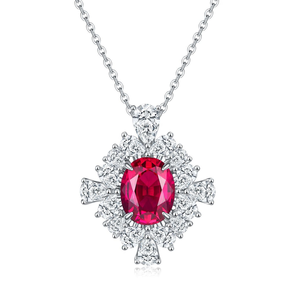 Oval-Cut Lab Gem Floral Halo Pendant Necklace in 925 Sterling Silver
