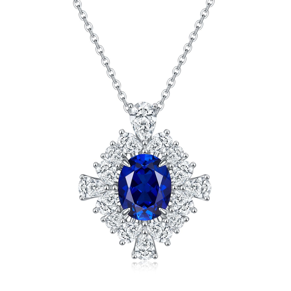 Oval-Cut Lab Gem Floral Halo Pendant Necklace in 925 Sterling Silver