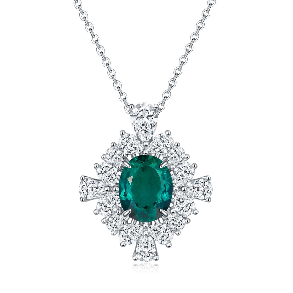 Oval-Cut Lab Gem Floral Halo Pendant Necklace in 925 Sterling Silver