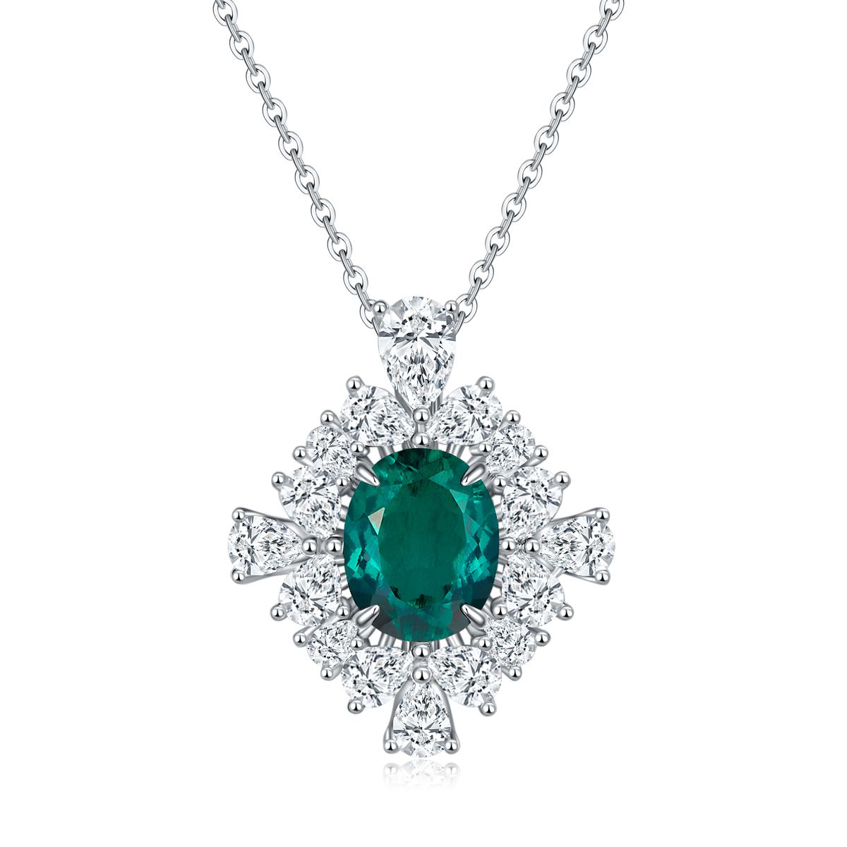 Oval-Cut Lab Gem Floral Halo Pendant Necklace in 925 Sterling Silver