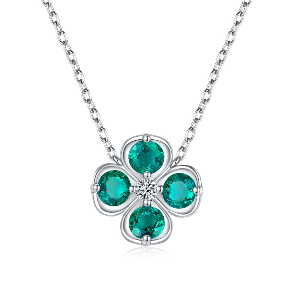 Round-Cut Lab-Grown Gemstone Lucky Four-Leaf Clover Necklace in 925 Sterling Silver