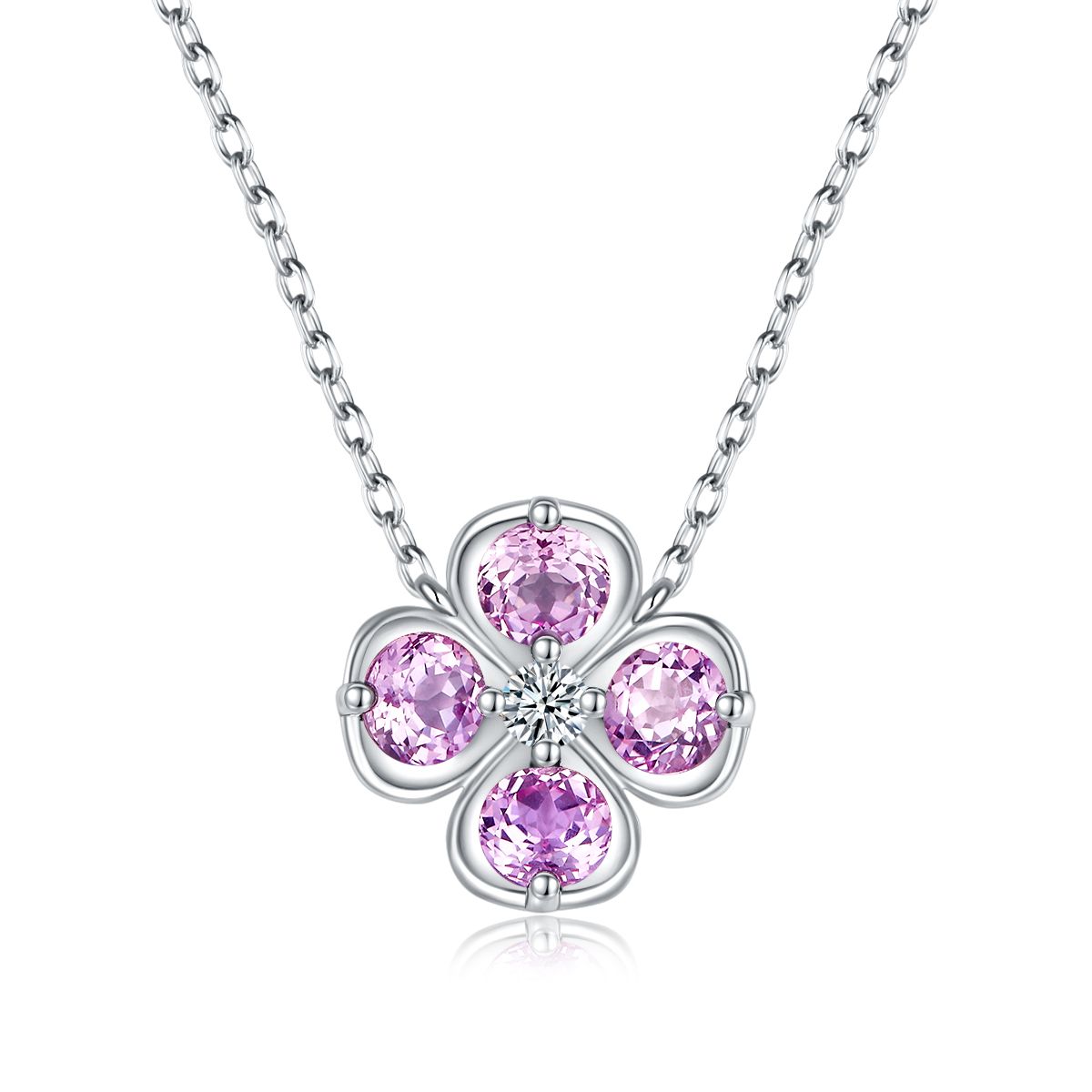 Round-Cut Lab-Grown Gemstone Lucky Four-Leaf Clover Necklace in 925 Sterling Silver