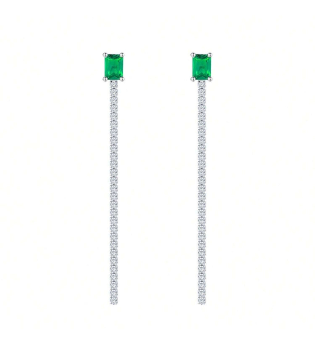 Emerald-Cut Lab Emerald Pave Tassel Drop Earrings in 925 Sterling Silver