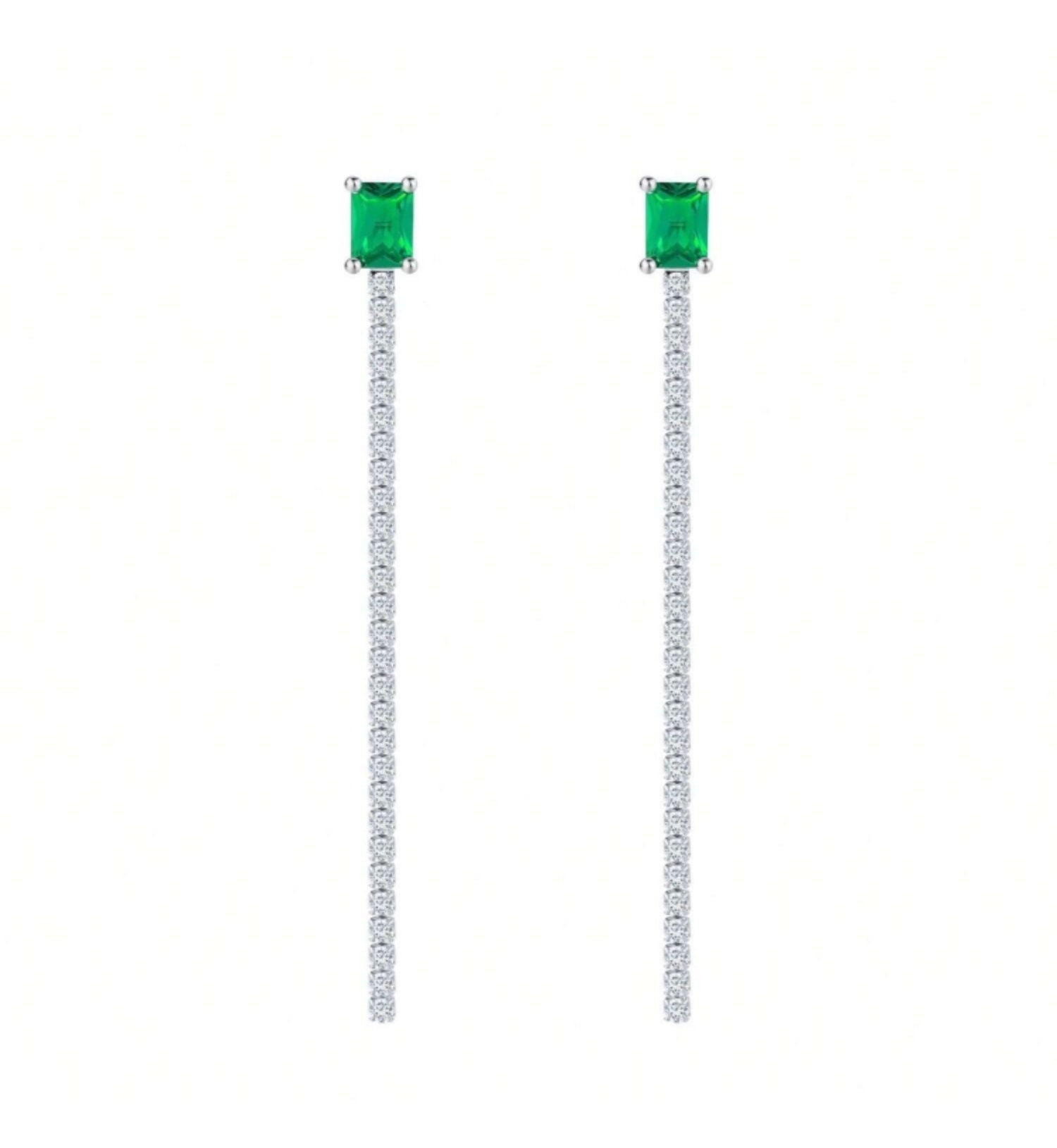 Emerald-Cut Lab Emerald Pave Tassel Drop Earrings in 925 Sterling Silver