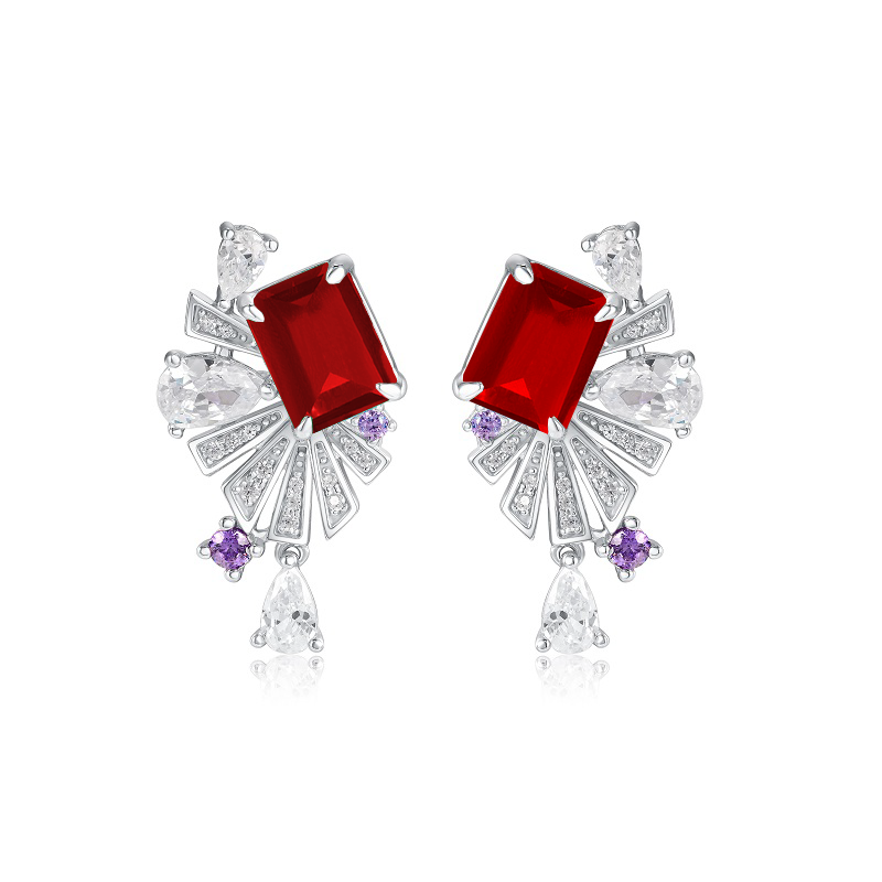 Emerald-Cut Colorstone Art Deco Fan Drop Earrings in 925 Sterling Silver