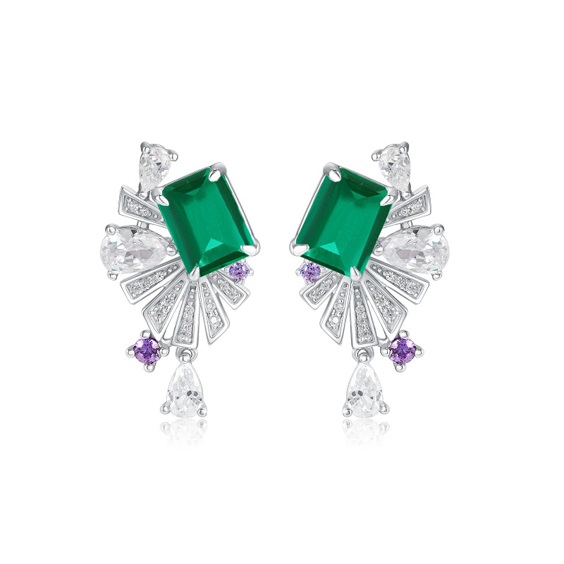 Emerald-Cut Colorstone Art Deco Fan Drop Earrings in 925 Sterling Silver